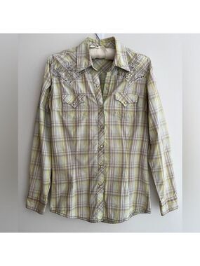 ROCK 47 Wrangler Pearl Snap Front Long Sleeve Plaid Shirt Embellished Embroidery